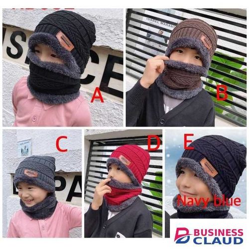 2 In 1 Unisex Winter Kids Beenie Hat And Scarf Set (4 Pcs, Black,Blue,Red,Grey)
