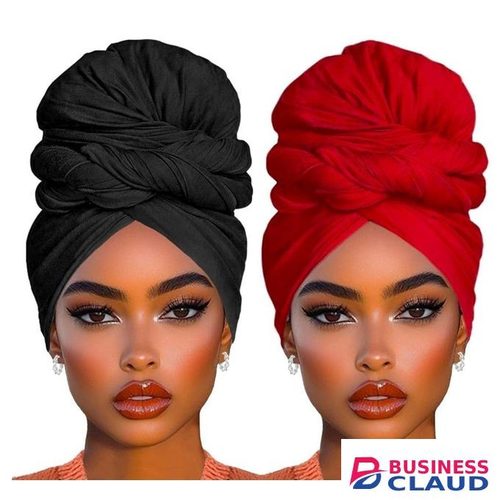 2 Piece Stretch Head Wraps Jersey Turban Fashion Head Scarf Long Solid Color Head Bands Ties African Hair Wraps for Women(Black+Wine Red)