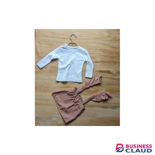 Two Piece Suspender Skirt And Long Sleeved Cotton Top - Brown/White