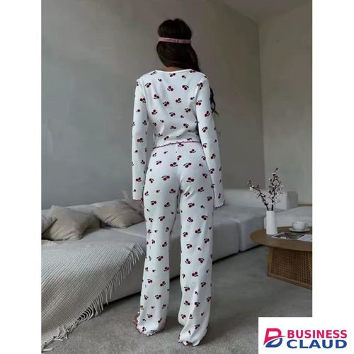 Cherry Lettuce Trim 2 Piece Lounge Set/ Cherry print round neck long sleeved Top & Full length Pants