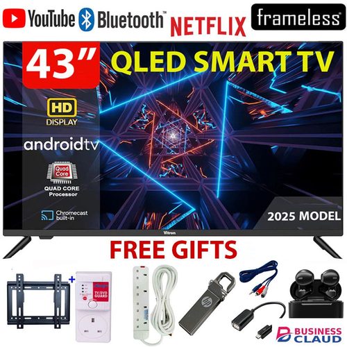 Free VITRON HTC4300QFS 43 Inch Smart Android 14 QLED Television Full HD Display Bluetooth WiFi Netflix YouTube App Store 1GB RAM 8GB ROM Screen Mirroring +7 FREE Accessories in Upper-hill