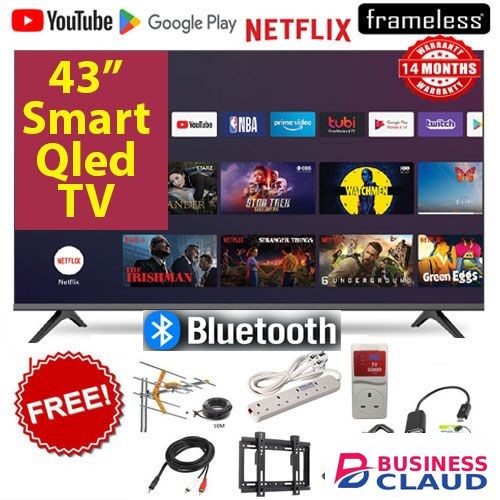 Free VITRON HTC4300QFS 43" Inch Frameless Smart Android 14 QLED TV ICAST/SCREEN MIRRORING Full HD Bluetooth Inbuilt WiFi Netflix YouTube App Store 1GB RAM 8GB ROM +7 FREE GIFTS in Wifi-app-store-inbuilt-decoder
