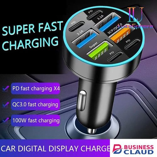100W 6 / 8 Ports Car Charger Fast Charging USB C Car Phone Charger PD Type C Power Adapter Digital Display Compatible with All Devices USB Type C Car Lighter PD QC3.0 Car Phone Charger Tecno Huawei