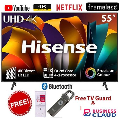 Free Hisense 55" Inch 4K Smart TV 55A6N- Dolby Vision,Smooth Motion, AI Sports Mode, Vidaa OS,Youtube, Netflix+FREE TV GUARD+32GB FLASH DISK in Apps-free-bracket-tv-guard-extension