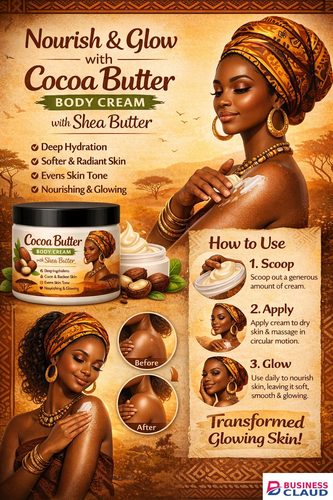 Cocoa Butter & Shea Butter Body Cream – Deep Moisturizing, Skin Brightening & Glow Boosting Lotion for Smooth Radiant Skin