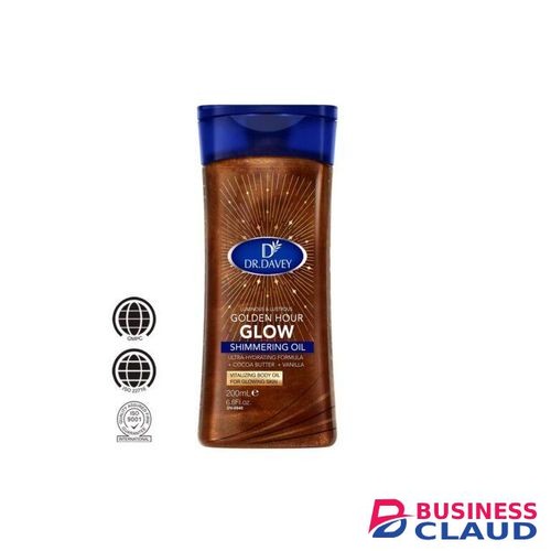 DR.DAVEY Golden Hour Glow Shimmering Body Oil is a lightweight, luminous body oil that enhances the skin with a subtle golden shimmer