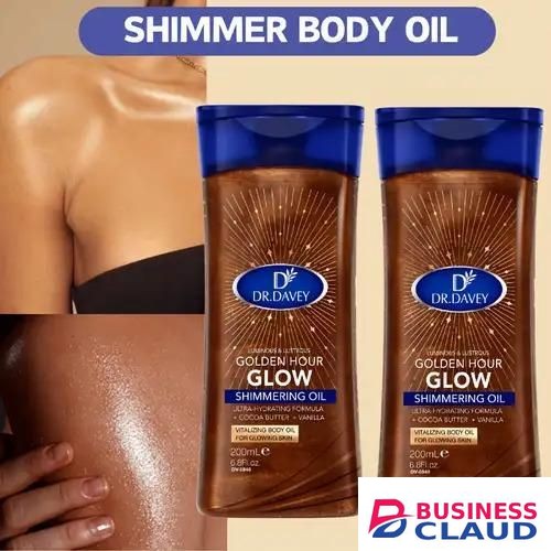 DR.DAVEY Golden Hour Glow Shimmering Body Oil is a lightweight, luminous body oil that enhances the skin with a subtle golden shimmer in Kenya-premium-incense-scent