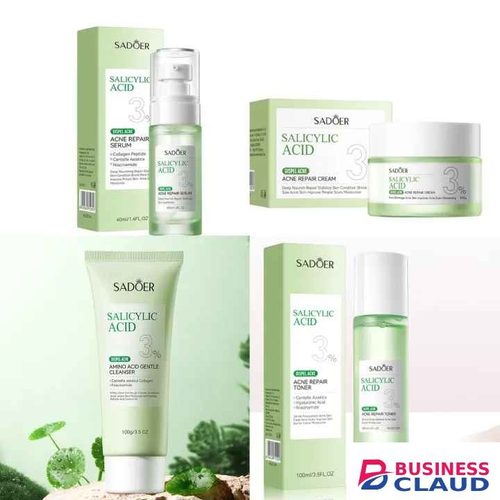 Sadoer 4 in 1 Set, Salicylic Acid 3% Dispel Acne, Acne Repair Toner + Serum + Cream + Cleanser, Gentle Amino Acid Cleanser, (Can use Together with Vitamin C), Removes Acne, Moisturize, Rejuvenate, Rep