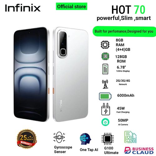 Infinix Hot 70 8(4+4)GB RAM+128GB 6.78'' 120Hz 4G Slim Phone Dual SIM 6000mAh 45W Fast Charging 50MP Camera Side Fingerprint Lock IP64 Gyroscope G100 Ultimate One-Tap AI Smart Phones in Built-charging-cable-and-22-5w-fast-charging