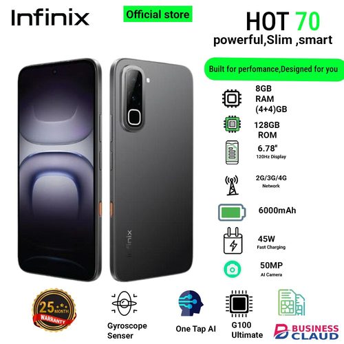 Infinix Hot 70 8(4+4)GB RAM+128GB 6.78'' 120Hz 4G Slim Phone Dual SIM 6000mAh 45W Fast Charging 50MP Camera Side Fingerprint Lock IP64 Gyroscope G100 Ultimate One-Tap AI Smart Phones
