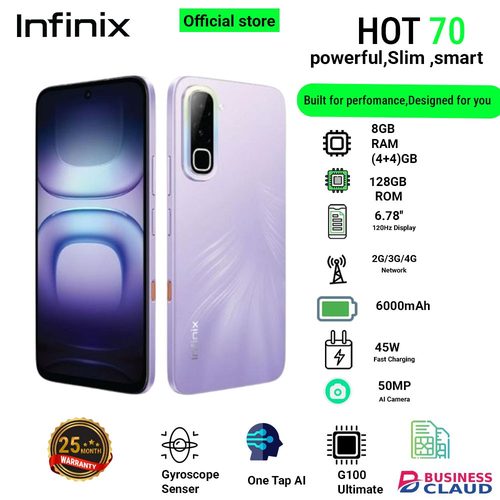 Infinix Hot 70 8(4+4)GB RAM+128GB 6.78'' 120Hz 4G Slim Phone Dual SIM 6000mAh 45W Fast Charging 50MP Camera Side Fingerprint Lock IP64 Gyroscope G100 Ultimate One-Tap AI Smart Phones in Built-charging-cable-and-22-5w-fast-charging