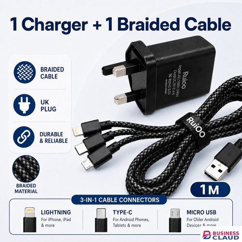Original Durable 【2PCS ：Durable 3 in 1 Charger】RUIOO Original Charger Set Charging Adapter with 1M 3-in-1 Braided Cable Compatible with Type-C, Micro USB & Lightning in 1-braided-cable