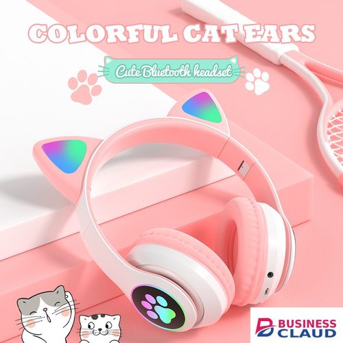 Flash Light Cute Cat Ears Bluetooth Wireless Headphone with Mic Earphones & Headset black Headphones