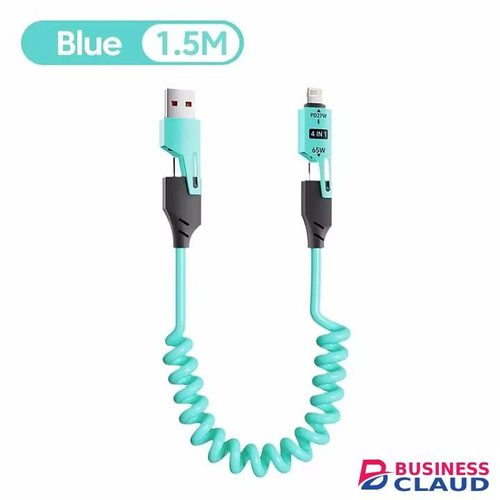 65W Quick Charger Spring USB Cable 4 in 1 Spring Data Cable 6A USB Type C Spring Telescopic Wire for IPhone Xiaomi Tecno Huawei Samsung Charger Liquid Silicon Type-C Micro Lighting Charging Cable