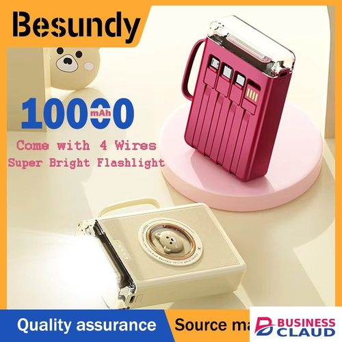 Portable New 【Besundy】New 10000mAh Cartoon cute Power Bank With 4 Cables Fashion Design Portable Powerbank Built-in Lanyard Fast Charge Mobile Power Supply Design in Usb-c-cable