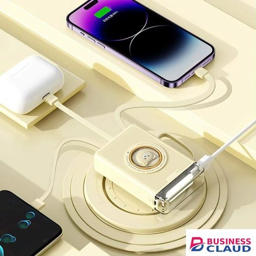 【Besundy】New 10000mAh Cartoon cute Power Bank With 4 Cables Fashion Design Portable Powerbank Built-in Lanyard Fast Charge Mobile Power Supply
