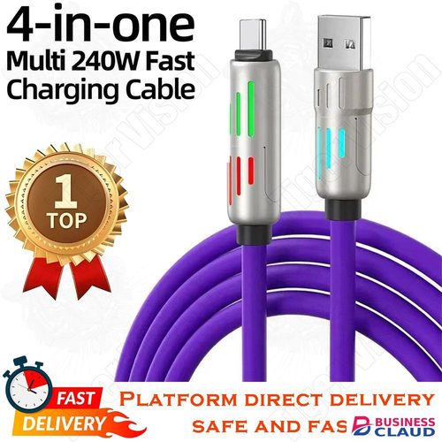 240W Super Fast Charging USB Cable 4-in-1 Zinc Alloy Liquid Silicone Multi-Device Charger LED Night Type-C/iOS/Micro USB Data Cable in 1-zinc-alloy-liquid-silicone-multi-device-charger-led-night
