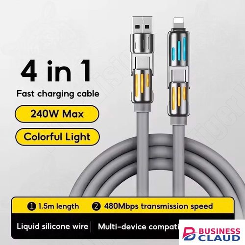 240W Super Fast Charging USB Cable 4-in-1 Zinc Alloy Liquid Silicone Multi-Device Charger LED Night Type-C/iOS/Micro USB Data Cable in 1-zinc-alloy-liquid-silicone-multi-device-charger-led-night