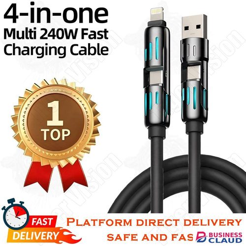 240W Super Fast Charging USB Cable 4-in-1 Zinc Alloy Liquid Silicone Multi-Device Charger LED Night Type-C/iOS/Micro USB Data Cable in 1-zinc-alloy-liquid-silicone-multi-device-charger-led-night