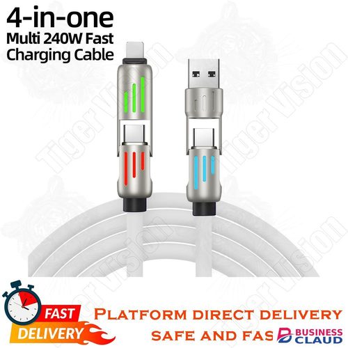 240W Super Fast Charging USB Cable 4-in-1 Zinc Alloy Liquid Silicone Multi-Device Charger LED Night Type-C/iOS/Micro USB Data Cable in 1-zinc-alloy-liquid-silicone-multi-device-charger-led-night