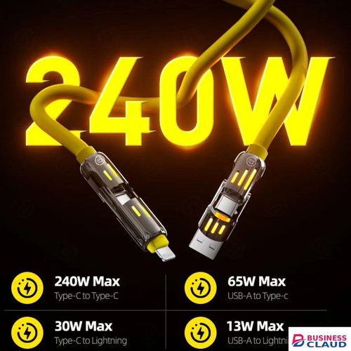 240W Super Fast Charging USB Cable 4-in-1 Zinc Alloy Liquid Silicone Multi-Device Charger LED Night Type-C/iOS/Micro USB Data Cable