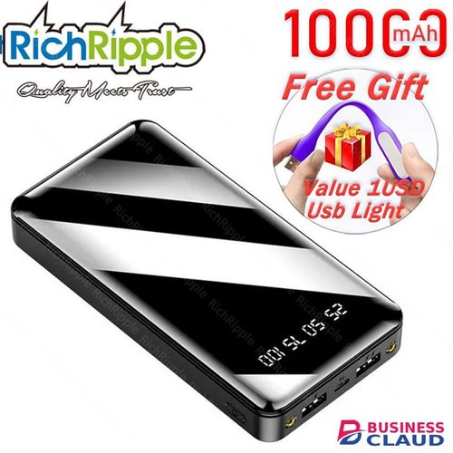 Portable RichRipple 2A Fast Charge Power Banks 10000mAh iPhone&Android Power Bank Universal Portable Mobile Power With Dual USB LED Lamp powerbank in Cable-black