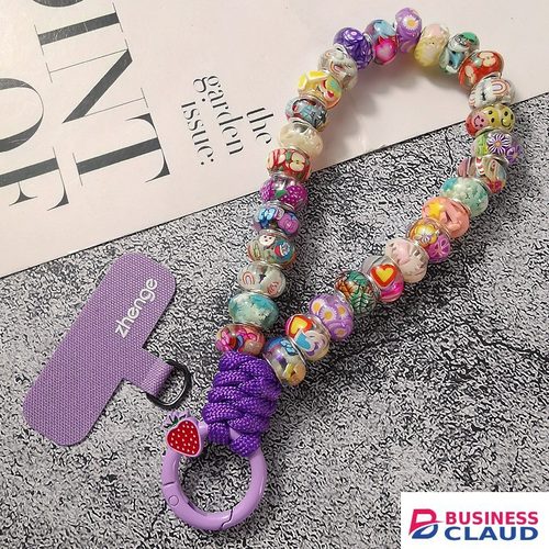 Cute Cartoon Printed Beaded Phone Lanyard | Colorful Handmade Wrist Strap Keychain for Smartphone, Anti-Lost Phone Charm with Strawberry Carabiner Clip in Built-charging-cable-and-22-5w-fast-charging