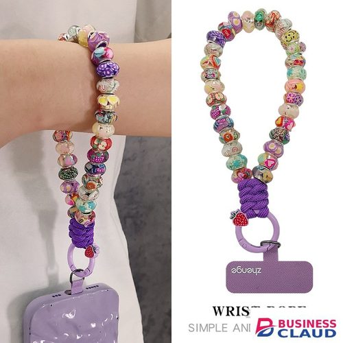 Cute Cartoon Printed Beaded Phone Lanyard | Colorful Handmade Wrist Strap Keychain for Smartphone, Anti-Lost Phone Charm with Strawberry Carabiner Clip in Built-charging-cable-and-22-5w-fast-charging