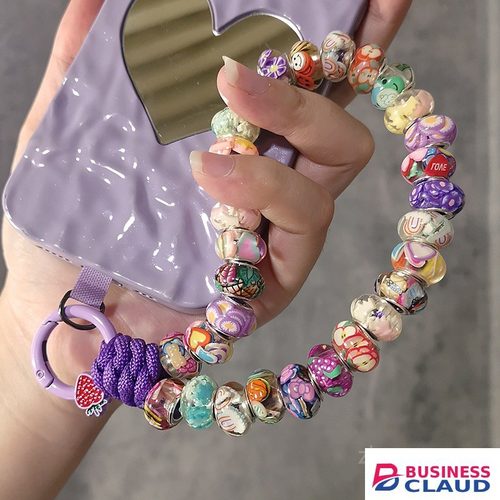 Cute Cartoon Printed Beaded Phone Lanyard | Colorful Handmade Wrist Strap Keychain for Smartphone, Anti-Lost Phone Charm with Strawberry Carabiner Clip in Built-charging-cable-and-22-5w-fast-charging