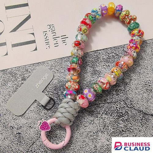 Cute Cartoon Printed Beaded Phone Lanyard | Colorful Handmade Wrist Strap Keychain for Smartphone, Anti-Lost Phone Charm with Strawberry Carabiner Clip in Built-charging-cable-and-22-5w-fast-charging