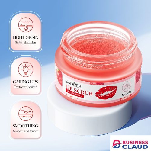 SADOER Strawberry Lip Scrub , Gently exfoliates, Diminishes Lip Lines, Removes Dead Skin, Moisturizes, Brightens Lip Color, Soft Pink Lips, Exfoliating Fruit Series