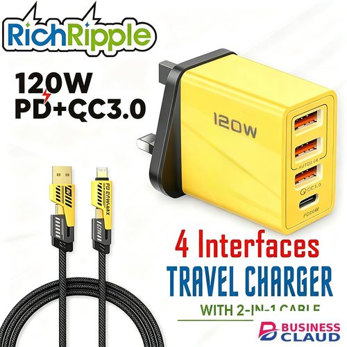 RichRipple 3 USB Port+1 Type-C Port 3.0 Faster Charger With Free Gift 3in1 Micro Type-c Apple plugs 2.0 Charging Cable
