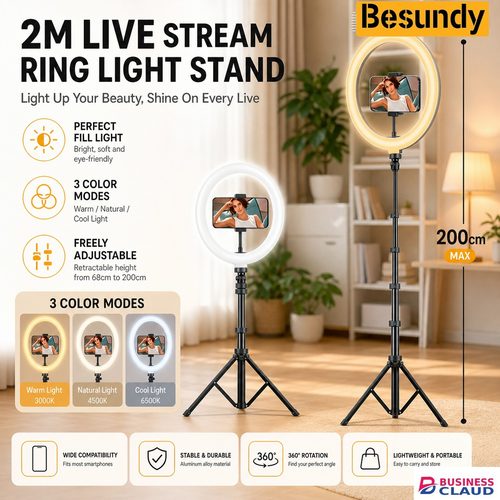 2.1M Tripod Stand with 10 Inch LED Ring Light- Dimmable Beauty Ringlight for Selfie, Makeup, YouTube TikTok Live Streaming Studio Quality Video Three colors adjustable 10 Inch LED Ring Light in Built-charging-cable-and-22-5w-fast-charging