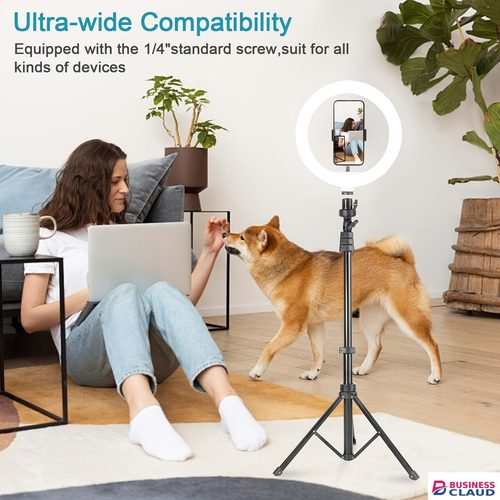 Besundy 2.1M Tripod Stand with 10 Inch LED Ring Light- Dimmable Beauty Ringlight Three colors adjustable for Selfie Live Stream/Makeup/Youtube/Tiktok Video in Cables-led-light-flashlight
