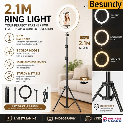 Besundy 2.1M Tripod Stand with 10 Inch LED Ring Light- Dimmable Beauty Ringlight Three colors adjustable for Selfie Live Stream/Makeup/Youtube/Tiktok Video in Cables-led-light-flashlight