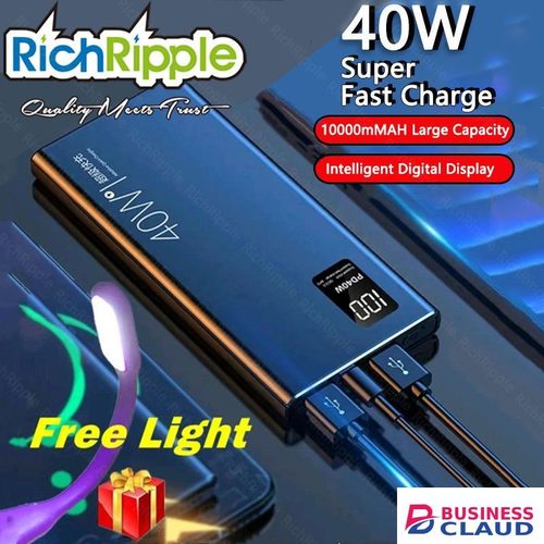 RichRipple Power Banks 20000mAh 10000mAh Ultra Thin 40w Super Fast Charging Large Capacity Power Bank Two-way Fast Charging Digital Display External Battery powerbank in Built-charging-cable-and-22-5w-fast-charging