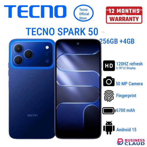 TECNO SPARK 50 256GB+4GB 6.78" 120Hz Phone Dynamic Port 50MP Dual Speaker 6700mAh 18W Type-C Dual SIM 4G Side Fingerprint Smart AI Phones in Built-charging-cable-and-22-5w-fast-charging