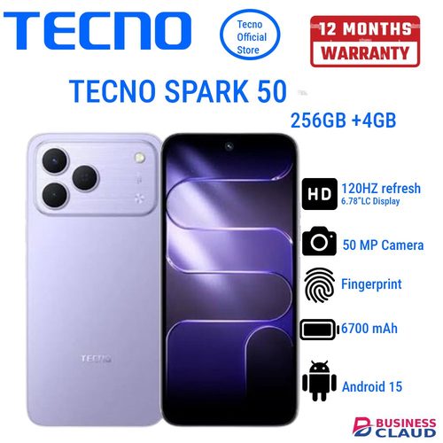 TECNO SPARK 50 256GB+4GB 6.78" 120Hz Phone Dynamic Port 50MP Dual Speaker 6700mAh 18W Type-C Dual SIM 4G Side Fingerprint Smart AI Phones