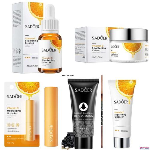 SADOER 5 Pieces, Vitamin C Cream + Vitamin C Serum + Vitamin C Moisturizing Lip Balm + Charcoal Mask Peel off + Vitamin C Foaming Face Wash, for Brightening, Remove Black Heads, Lips Brightening, Moi