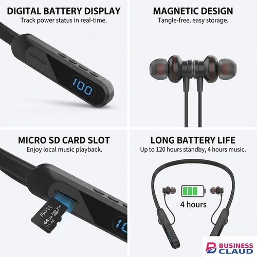 PAFEL S06 Wireless Neckband Bluetooth Earphones - LCD Power Display, TF Card Slot MP3 Player, 20H Long Playtime, 5 EQ Sound Modes Deep Bass Sports Headset Earpods with Mic, Type-C Fast Charging Black in Cables-led-light-flashlight