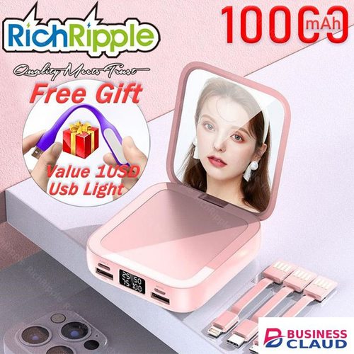 Portable RichRipple powerbank Mini Power Banks 10000mAh With Makeup Mirror Fast Charging Portable Charger Powerbank with Cable Poverbank Mobile Phone Battery in Built-charging-cable-and-22-5w-fast-charging