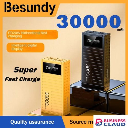 【Besundy】Real 30000mAh Punk Style Super Fast Charging Container Power Bank Supercharge TypeC Micro USB Powerbank LED Display Powerbank For all Phones Tablets in Cables-black