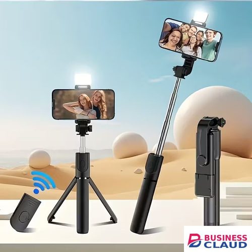 Portable Selfie Stick, 70cm Retractable Phone Tripod with Wireless Remote Control & Light, Portable Selfie Stick Tripod for Photograph, Live Streaming, Video Recording, Compatible with All Cellphones in Cables-black
