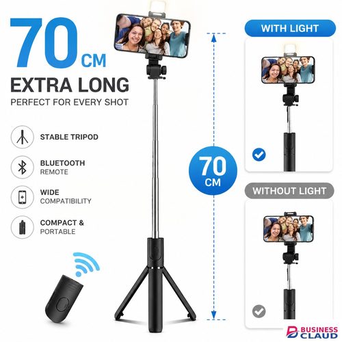 Portable Selfie Stick, 70cm Retractable Phone Tripod with Wireless Remote Control & Light, Portable Selfie Stick Tripod for Photograph, Live Streaming, Video Recording, Compatible with All Cellphones in Cables-black