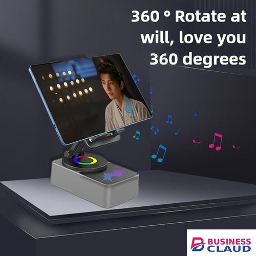 Multifunctional 360-degree three-in-one phone stand with colorful light base, rechargeable, compatible with Bluetooth speakers and phone stands.