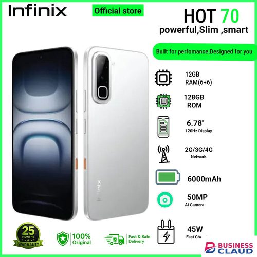 Infinix Hot 70 12(6+6)GB RAM + 128GB 6.78'' 120Hz 4G Slim Phone Dual SIM 6000mAh 45W Fast Charging 50MP Camera Side Fingerprint Lock IP64 Gyroscope G100 Ultimate One-Tap AI Smart Phones in Cables-black