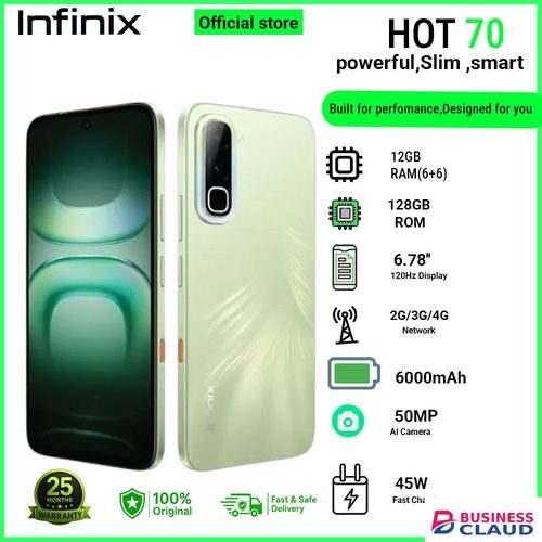 Infinix Hot 70 12(6+6)GB RAM + 128GB 6.78'' 120Hz 4G Slim Phone Dual SIM 6000mAh 45W Fast Charging 50MP Camera Side Fingerprint Lock IP64 Gyroscope G100 Ultimate One-Tap AI Smart Phones
