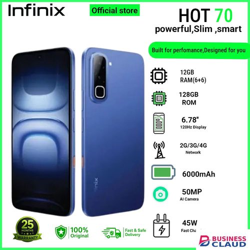 Infinix Hot 70 12(6+6)GB RAM + 128GB 6.78'' 120Hz 4G Slim Phone Dual SIM 6000mAh 45W Fast Charging 50MP Camera Side Fingerprint Lock IP64 Gyroscope G100 Ultimate One-Tap AI Smart Phones in Cables-black