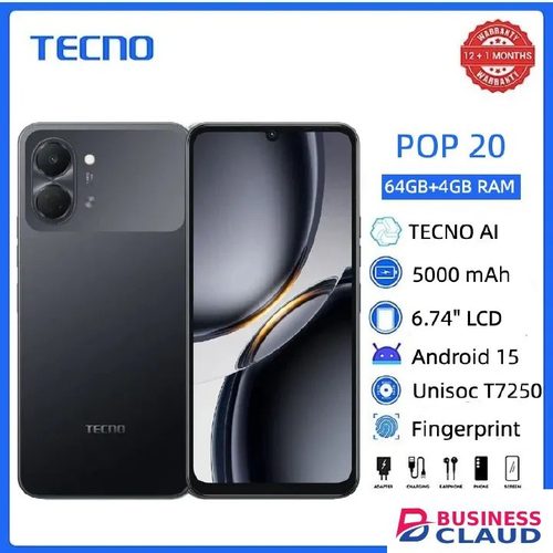 TECNO POP 20 64GB ROM +4GB RAM 6.75 inch FHD 5000mAh Battery 13MP Main Camera Dual SIM 4G 15W FAST NETWORK UNISOC T7250 PROCESSOR Android 15