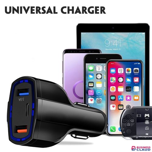 Fast Charging Car Charger Dual USB Port + USB Type-C Port Cigarette Lighter Adapter for Android iPhone Tablets